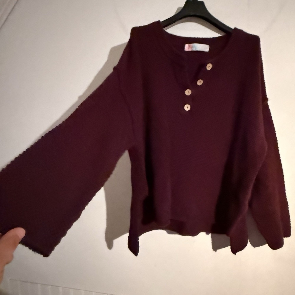 Free People Beach Hailee Sweater Womens Small Henley Waffle Knit Oversized Boho